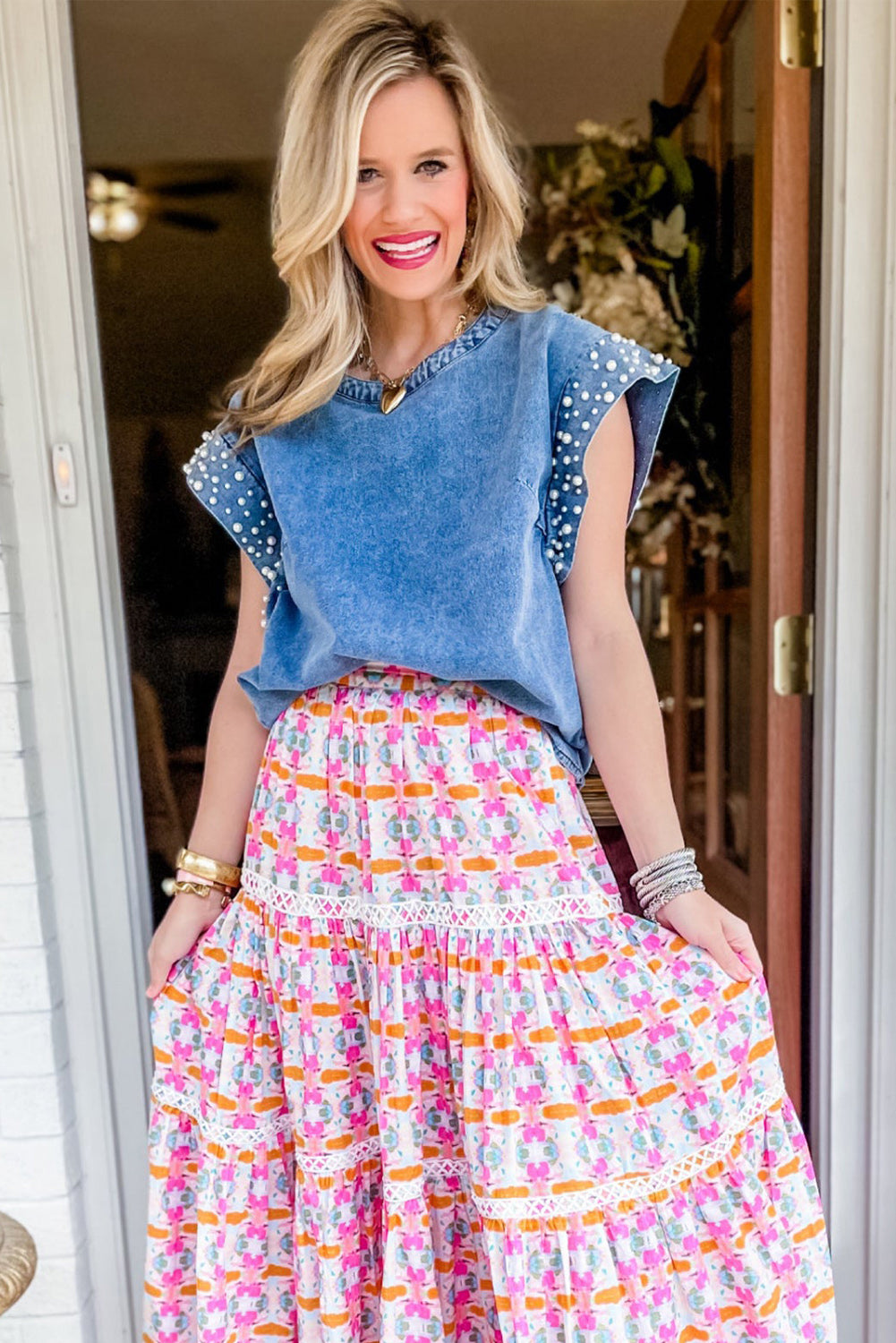 Dusk Blue Acid Wash Pearl Embellishments O-neck Denim Top Tops & Tees JT's Designer Fashion