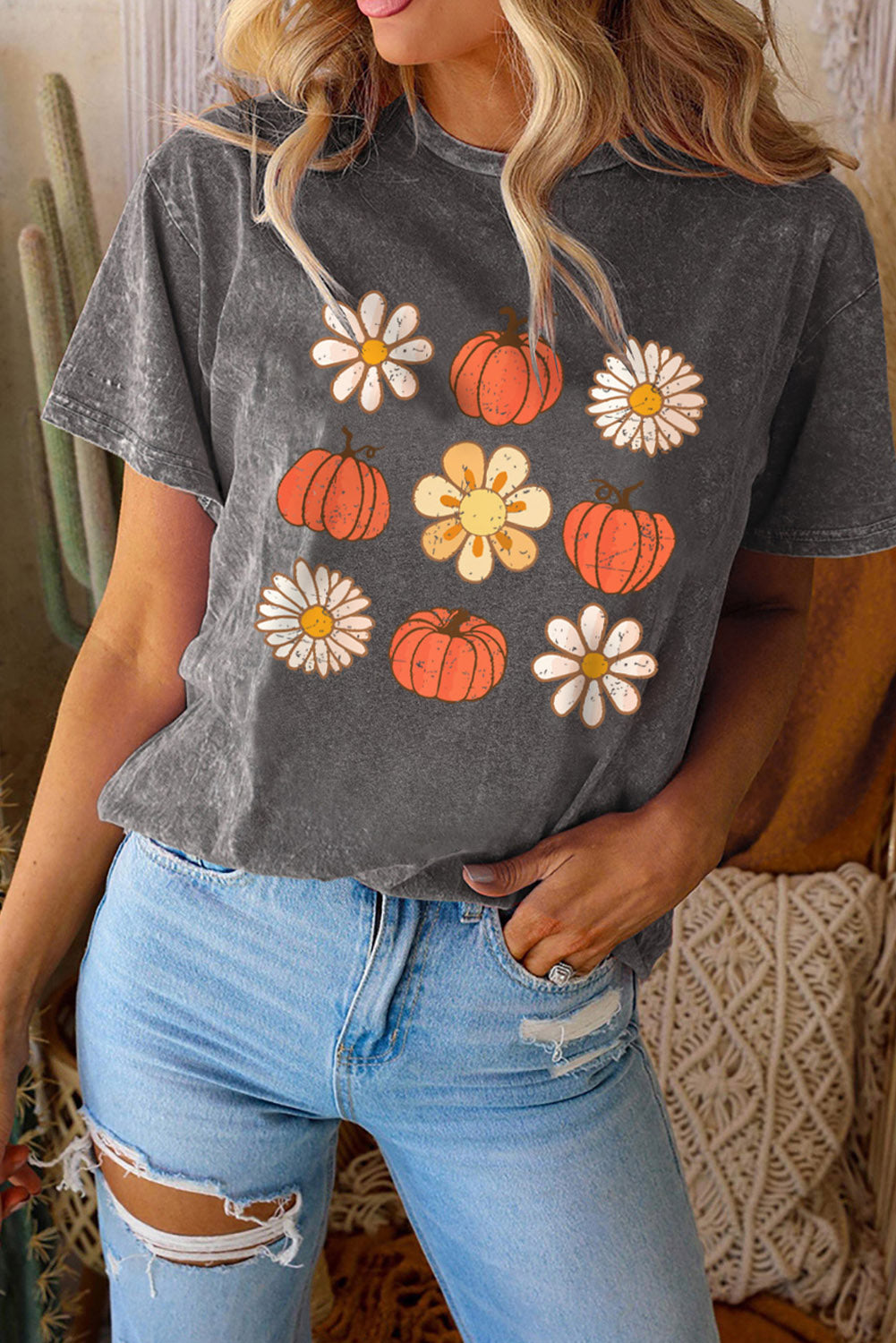 Black Pumpkin Floret Graphic Vintage Washed T-shirt Graphic Tees JT's Designer Fashion