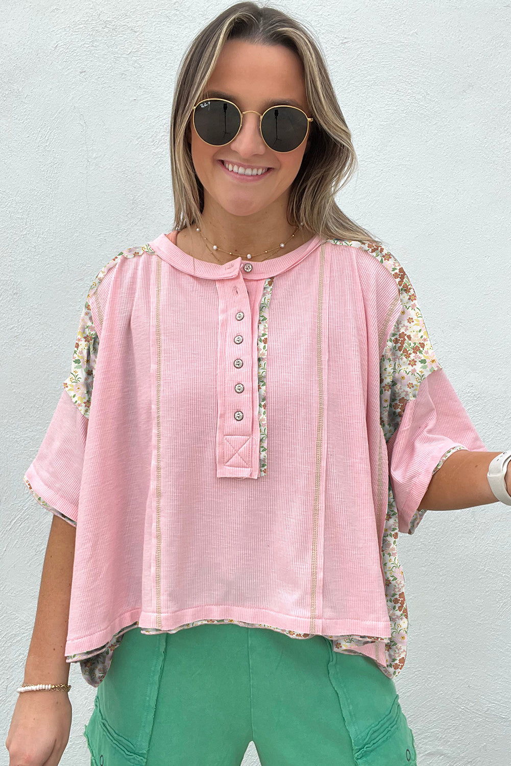 Light Pink Floral Printed Patchwork Half Button Oversize Tee Pre Order Tops JT's Designer Fashion