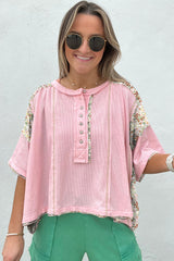 Light Pink Floral Printed Patchwork Half Button Oversize Tee Pre Order Tops JT's Designer Fashion