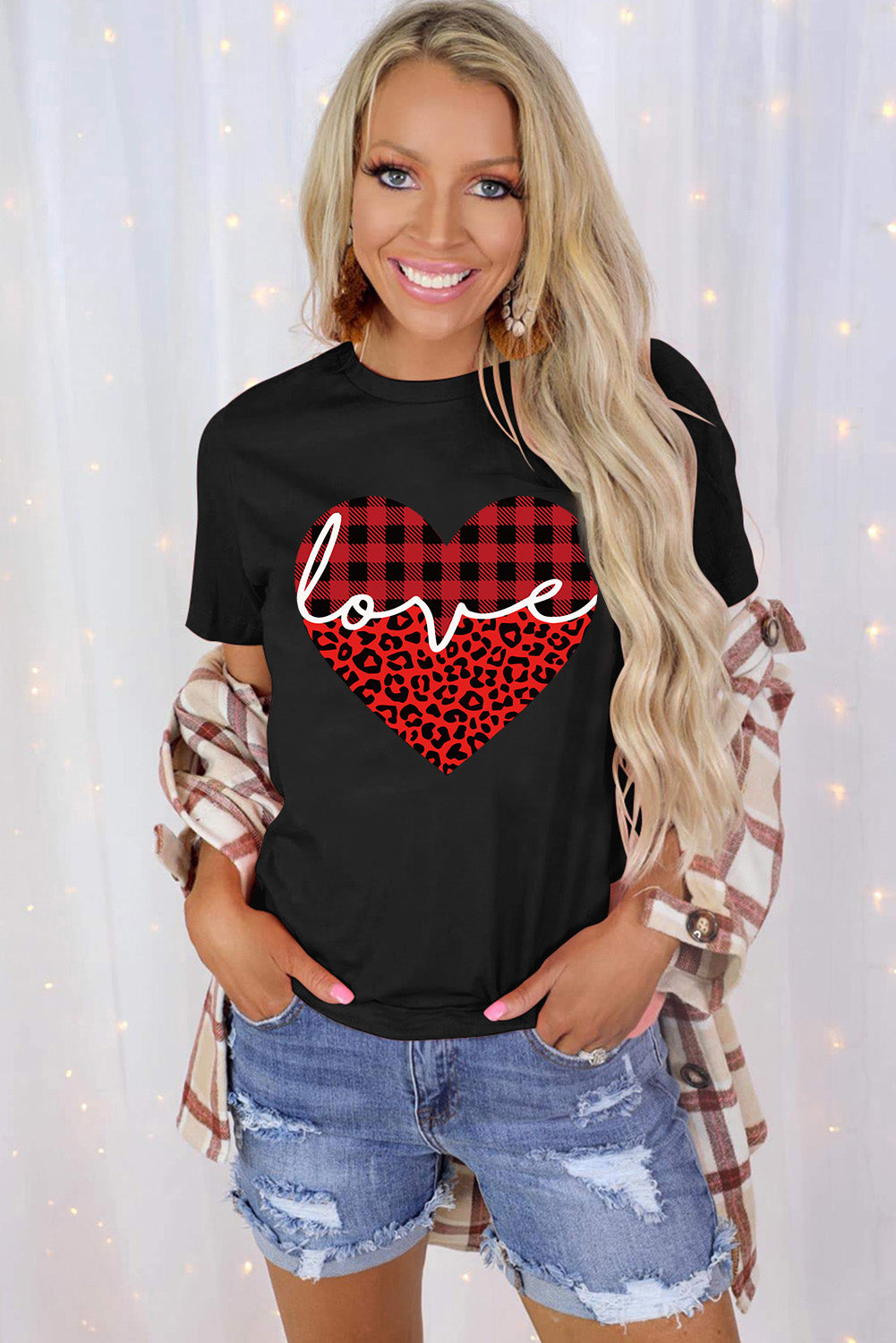 Black Love Leopard Plaid Heart Shaped Crewneck T Shirt Graphic Tees JT's Designer Fashion