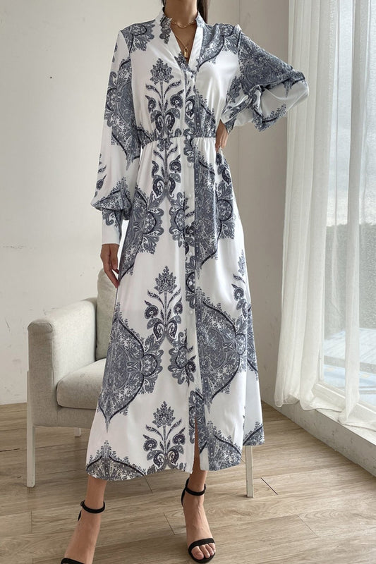 Printed Notched Lantern Sleeve Midi Dress White Maxi Dresses JT's Designer Fashion