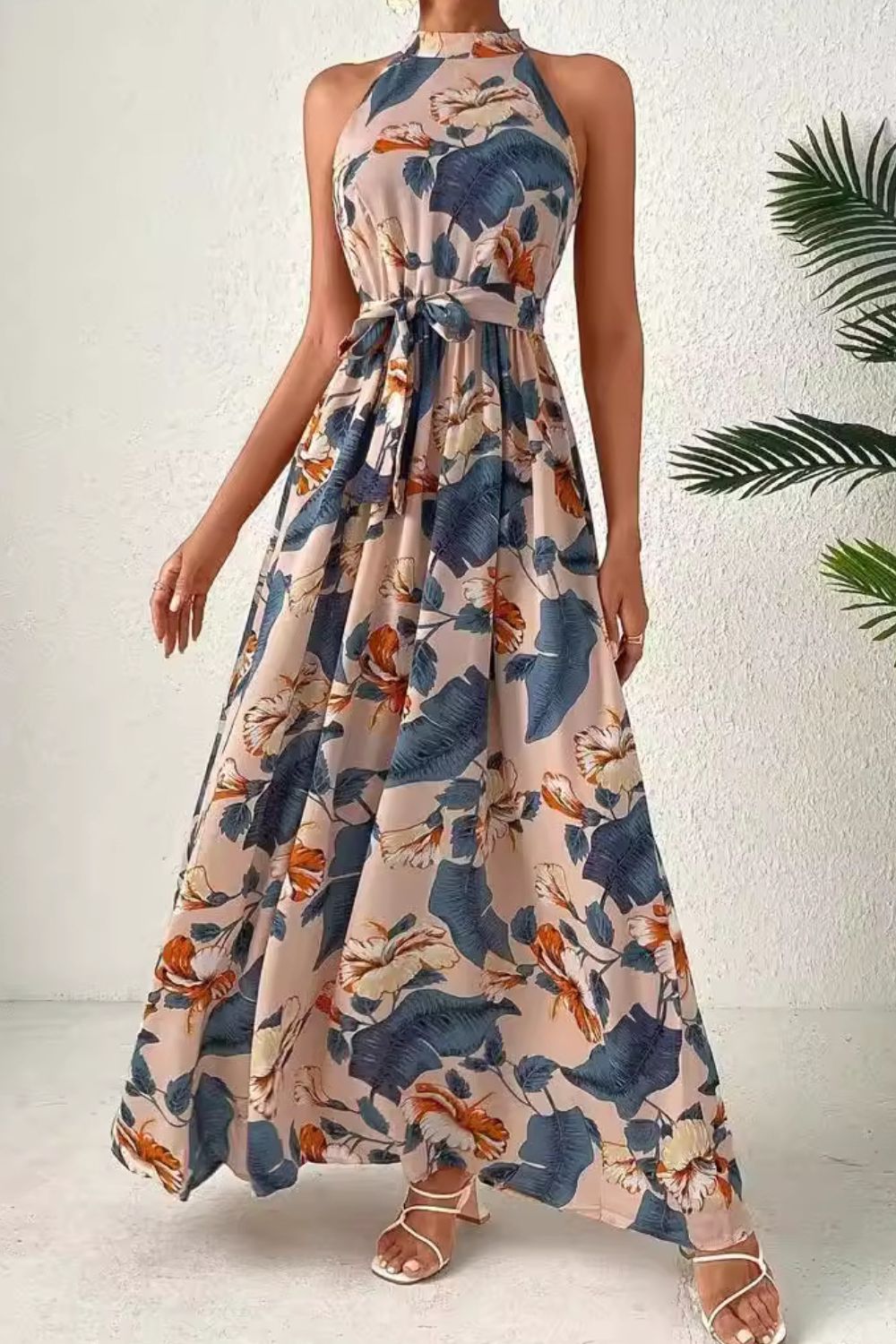 Tied Floral Sleeveless Dress Dusty Blue Floral Dresses JT's Designer Fashion