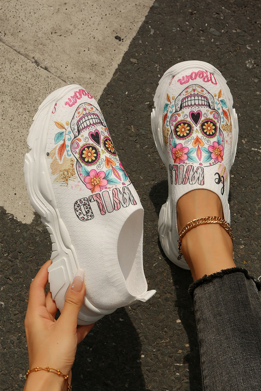 White Halloween Floral Skull Printed Slip-On Flat Shoes Women's Shoes JT's Designer Fashion