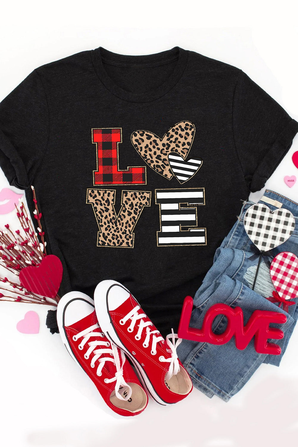 Black LOVE Heart Plaid Striped Leopard Print Graphic T Shirt Graphic Tees JT's Designer Fashion