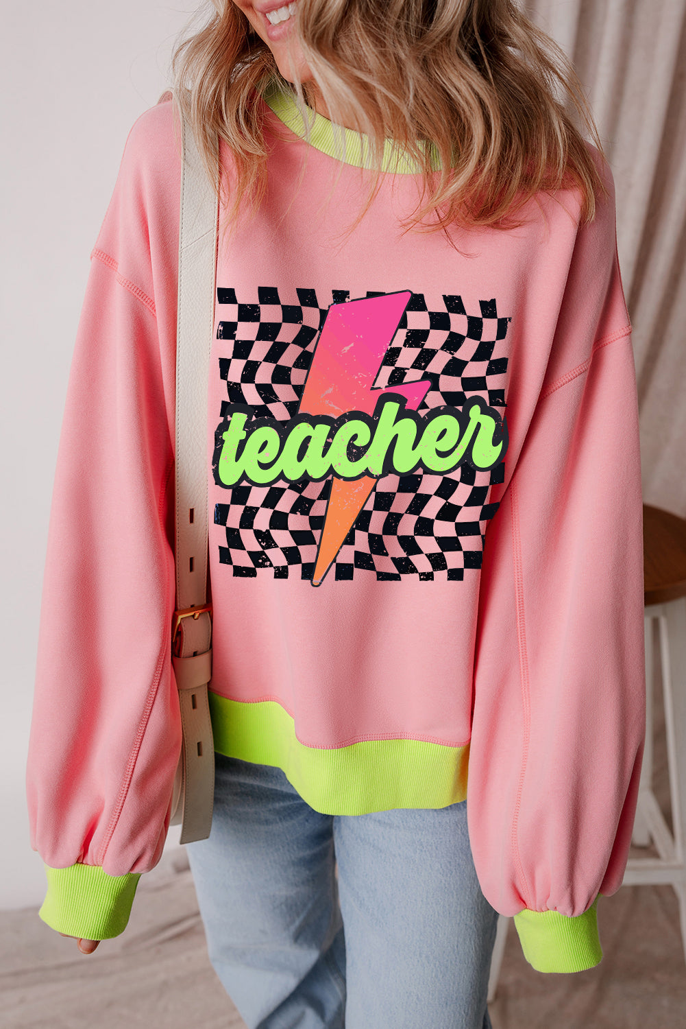 Pink Teacher Lightning Checkered Print Color Block Sweatshirt Graphic Sweatshirts JT's Designer Fashion