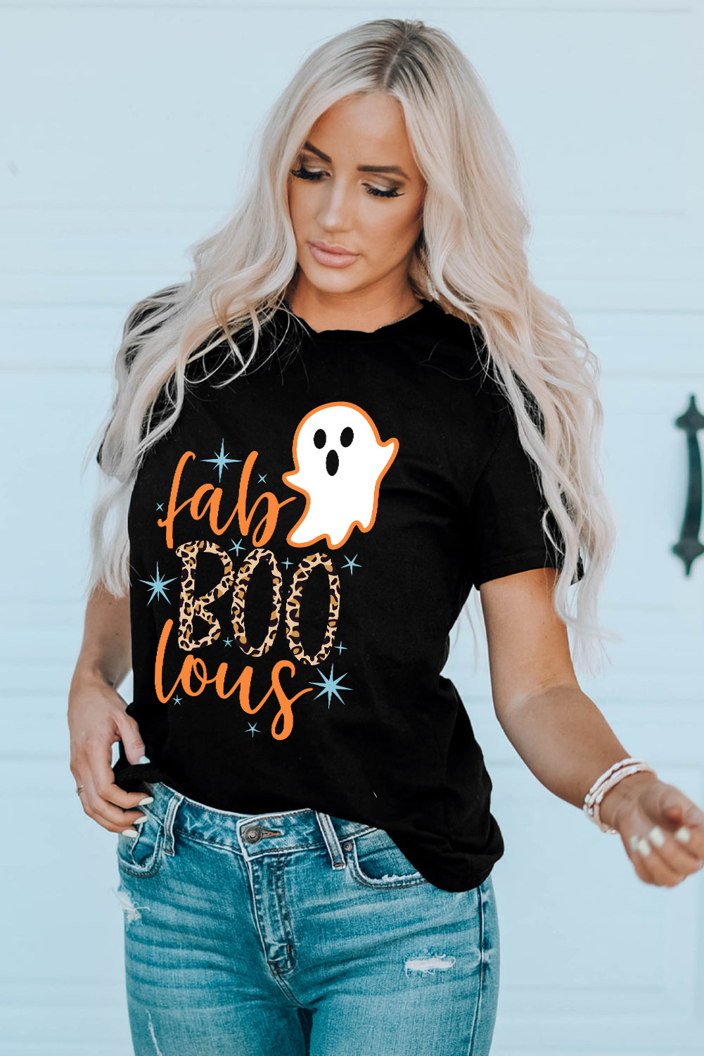 Black Fab Boo Lous Ghost Print Short Sleeve Graphic Tee Graphic Tees JT's Designer Fashion