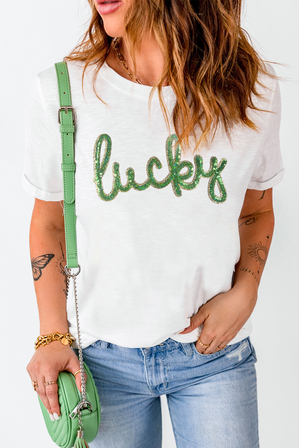 White Sequined Lucky St.Patricks Day Graphic Tee Graphic Tees JT's Designer Fashion