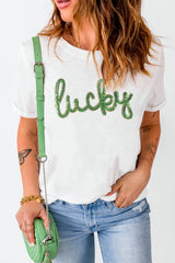 White Sequined Lucky St.Patricks Day Graphic Tee Graphic Tees JT's Designer Fashion