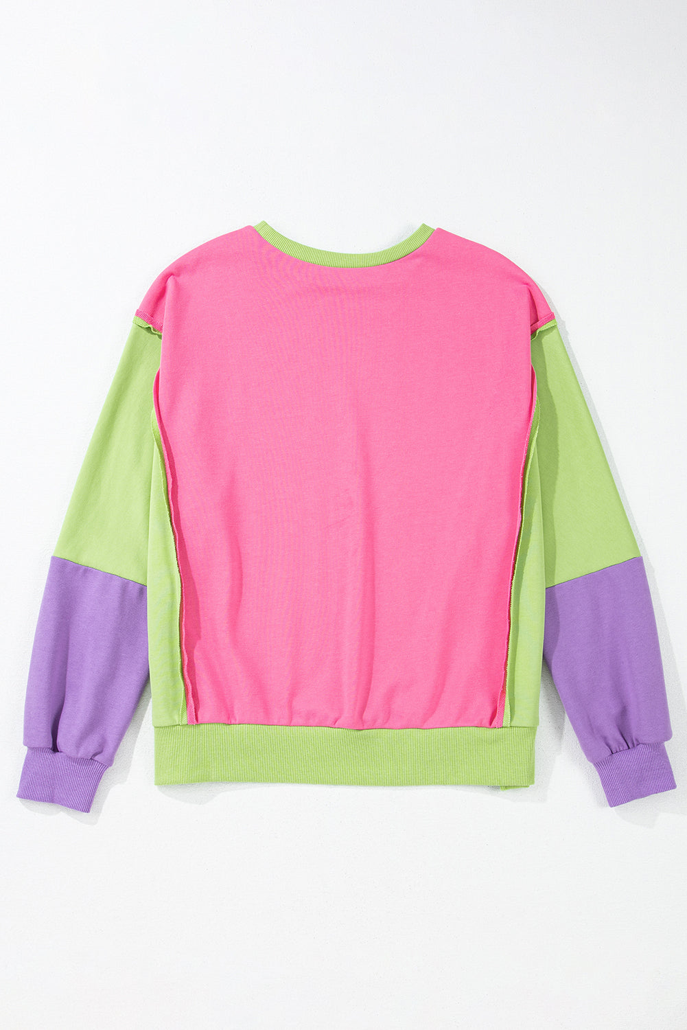 Pink Colorblock Exposed Seam Crewneck Casual Sweatshirt Sweatshirts & Hoodies JT's Designer Fashion