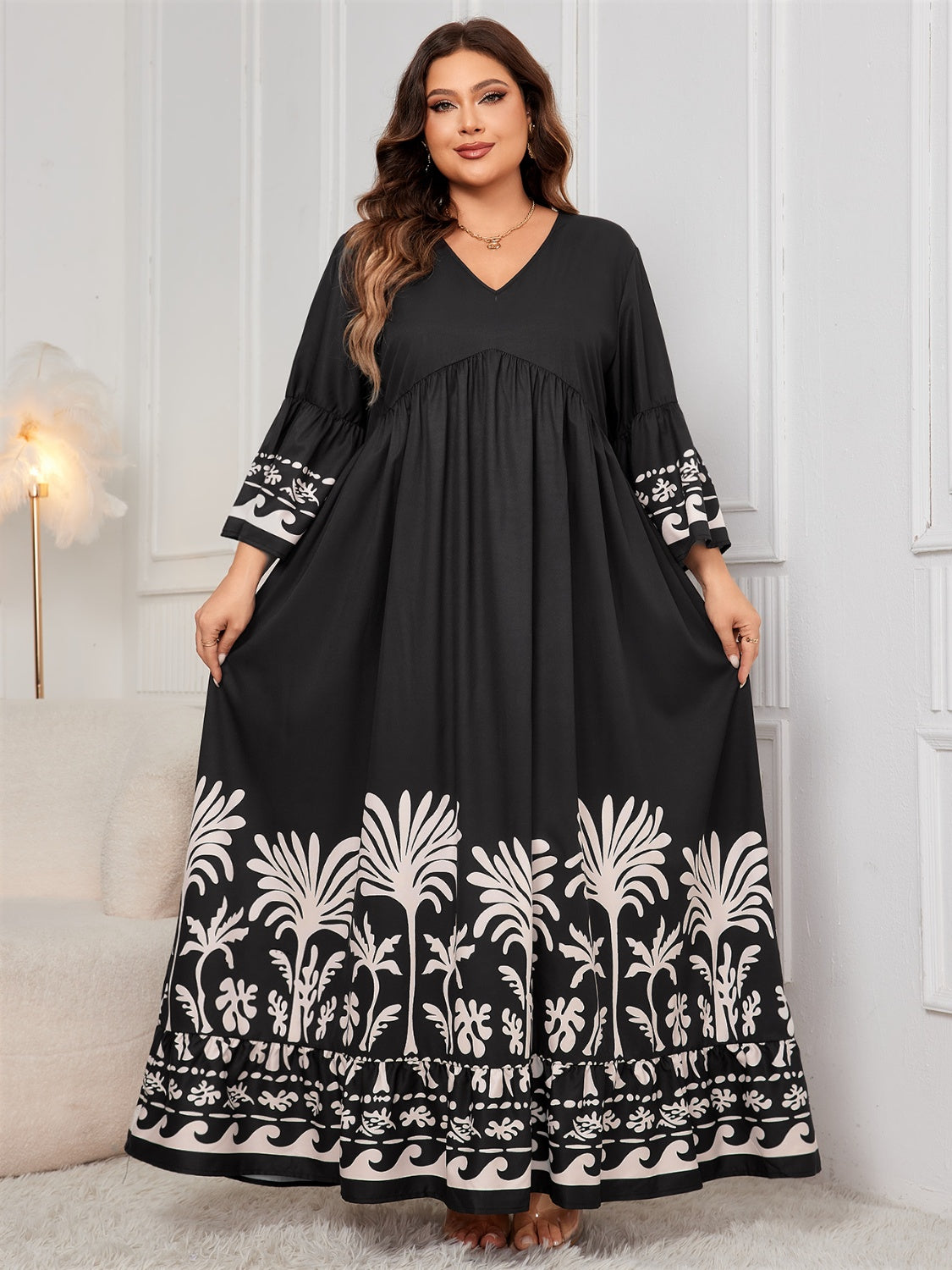 Plus Size Printed V-Neck Long Sleeve Maxi Dress Maxi Dresses JT's Designer Fashion