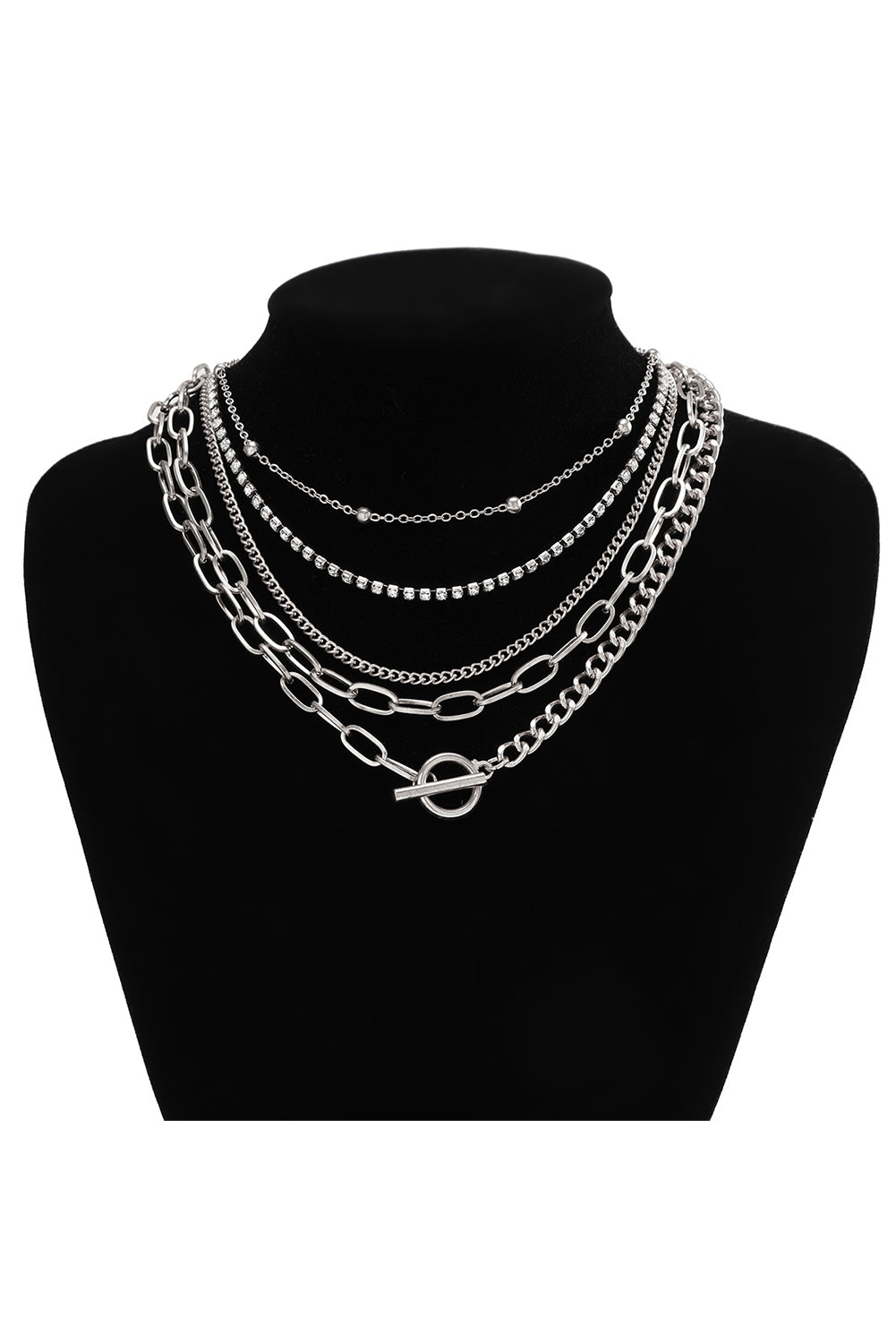 Silvery 5pcs Layered Rhinestone Plated Chain Collarbone Necklaces Set Jewelry JT's Designer Fashion