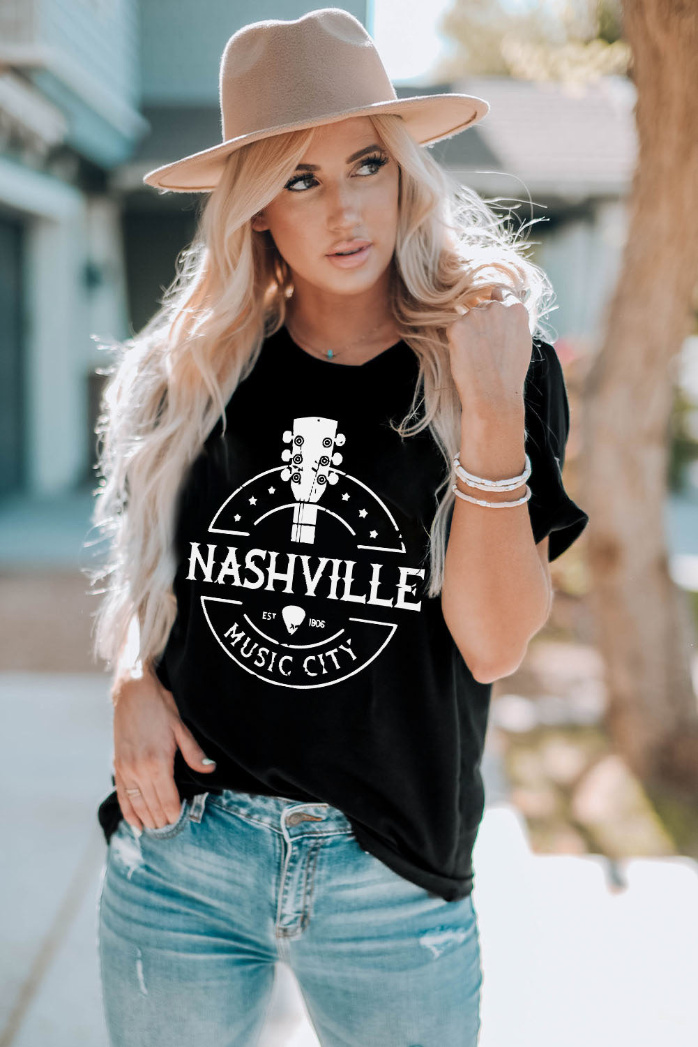 Black NASHVILLE MUSIC CITY Graphic Print Crew Neck T Shirt Graphic Tees JT's Designer Fashion