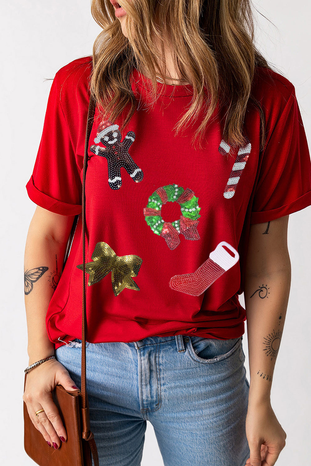 Red Christmas Sequin Pattern Crew Neck Graphic Tee Graphic Tees JT's Designer Fashion