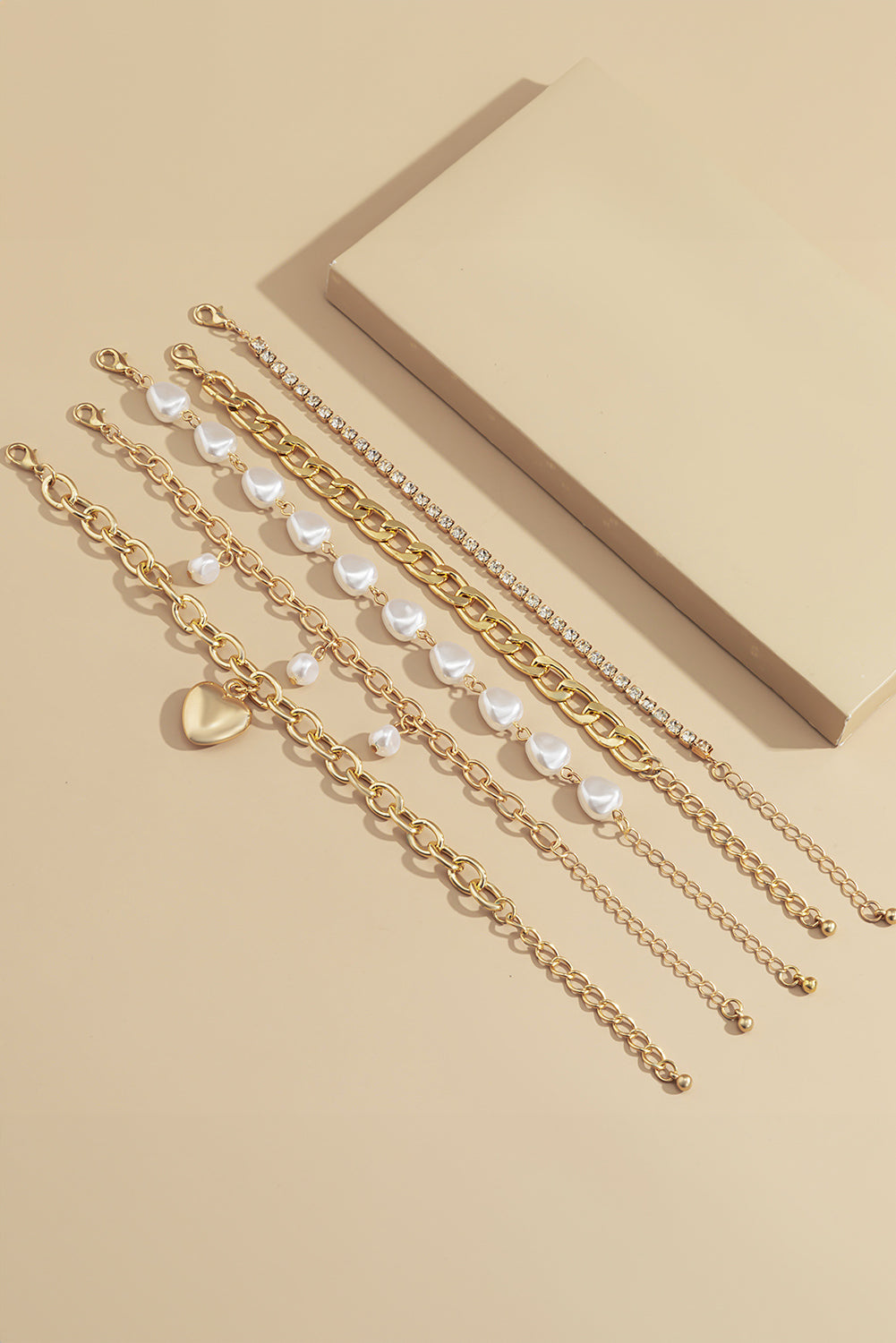 Gold Heart Pendant Pearl Rhinestone Chain Bracelet Set Jewelry JT's Designer Fashion