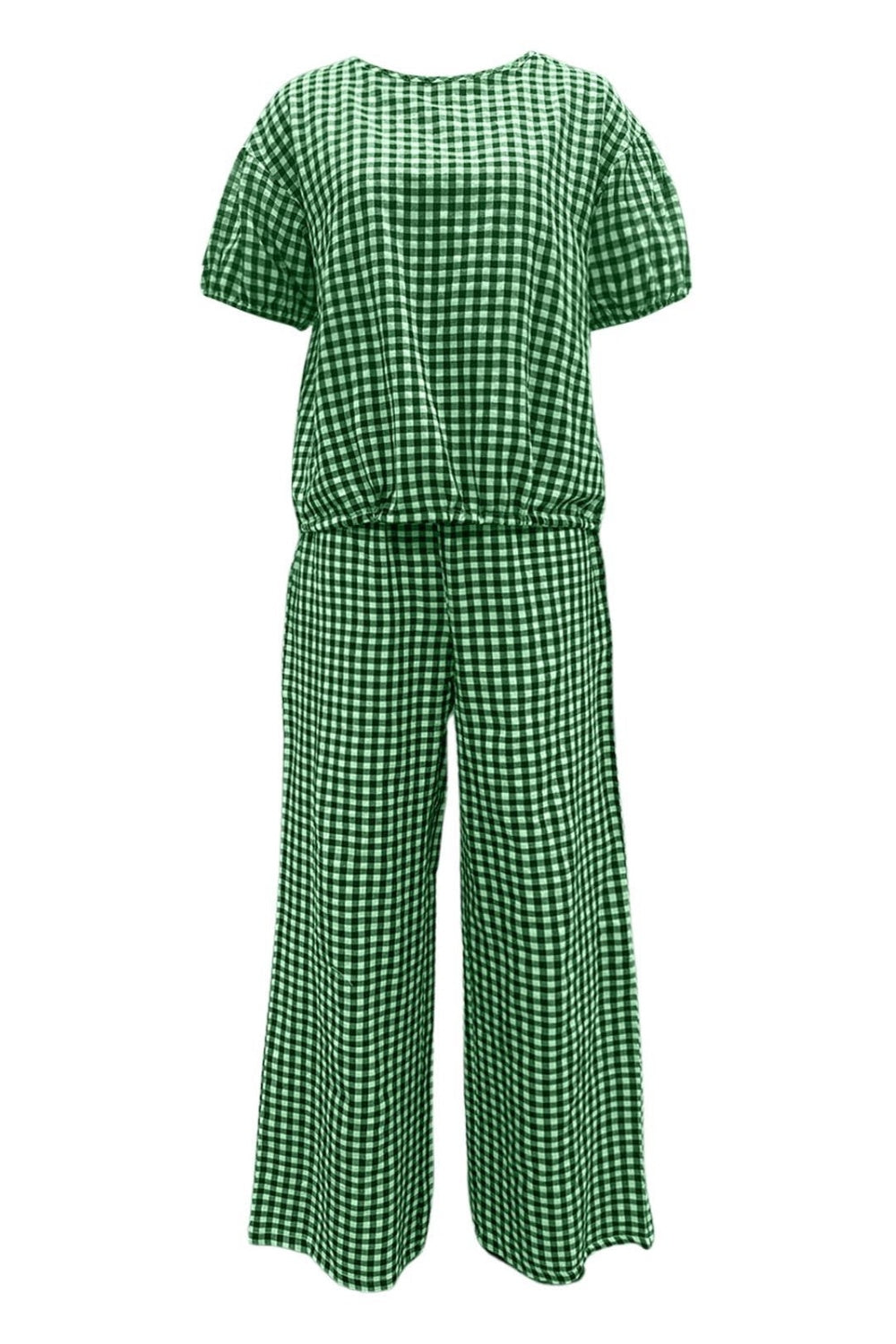 Full Size Plaid Round Neck Half Sleeve Top and Pants Set Pant Sets JT's Designer Fashion