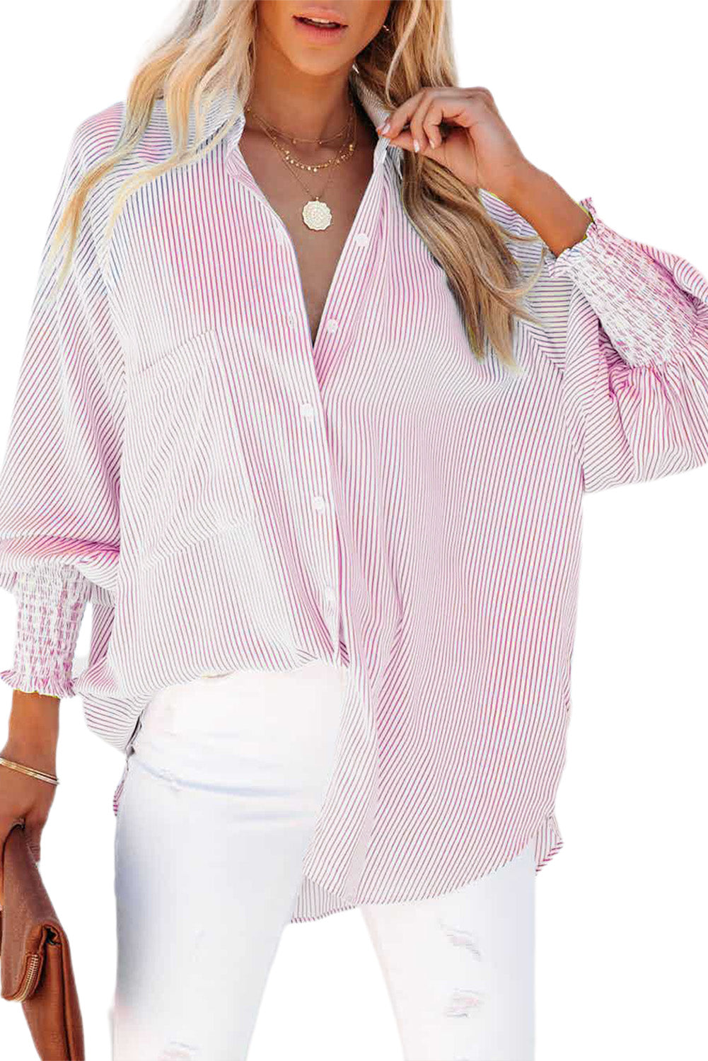 Pink Smocked Cuffed Striped Boyfriend Shirt with Pocket Blouses & Shirts JT's Designer Fashion