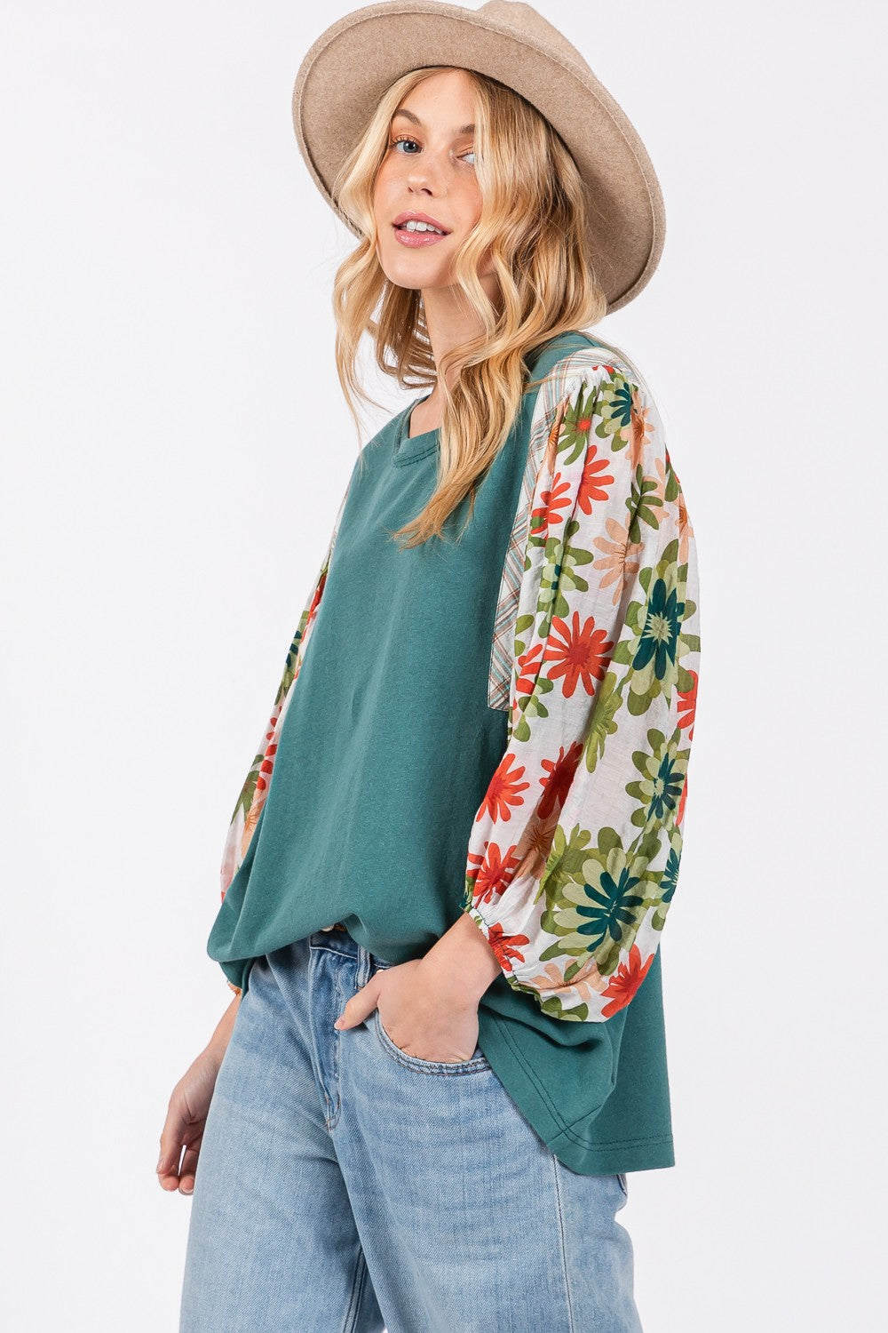 SAGE + FIG Full Size Printed Balloon Sleeve Contrast Top Blouses & Shirts JT's Designer Fashion