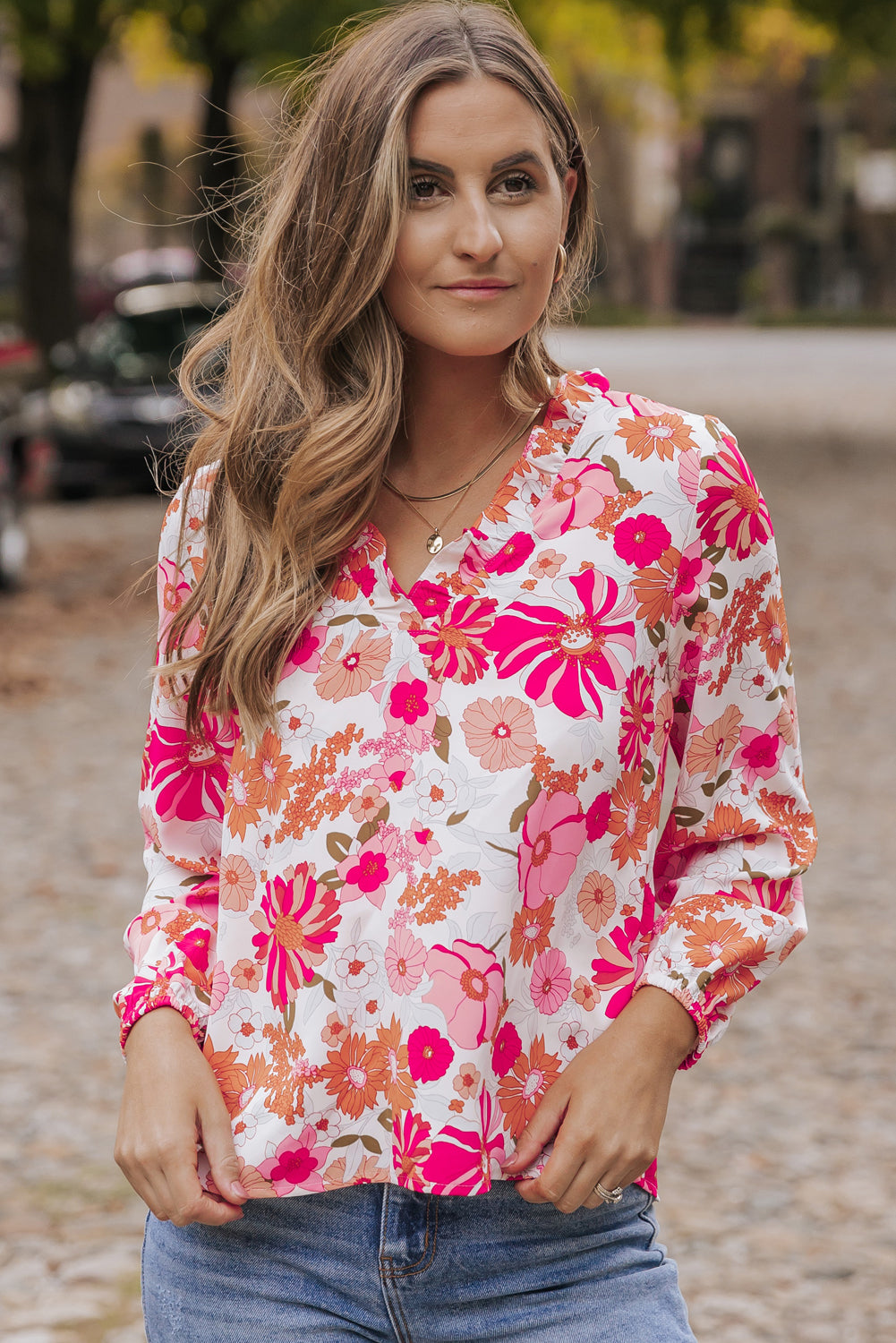 Bright White Floral Print Split V Neck Blouse Blouses & Shirts JT's Designer Fashion