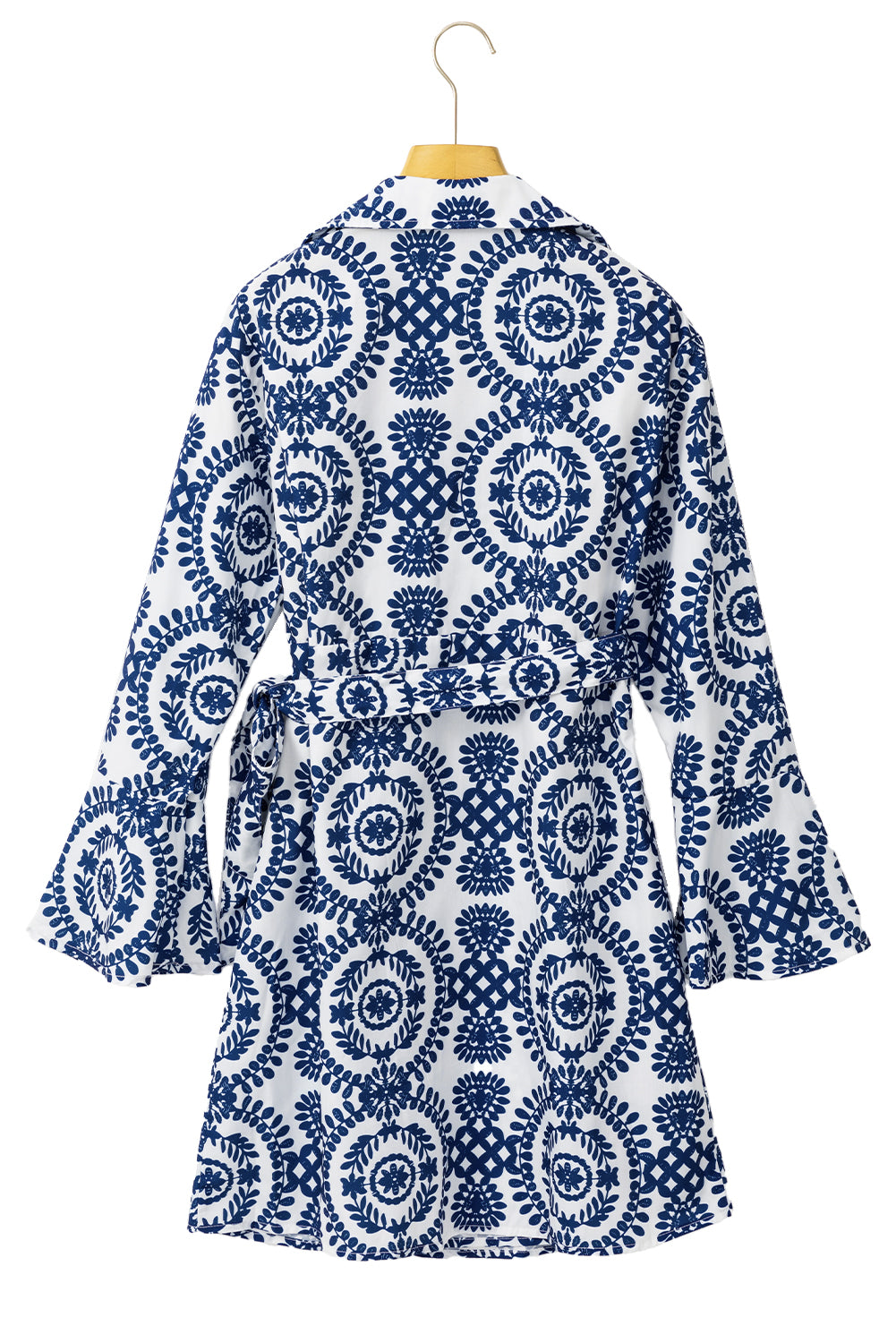 Blue Floral Print V Neck Wrapped Knot Long Sleeve Dress Floral Dresses JT's Designer Fashion