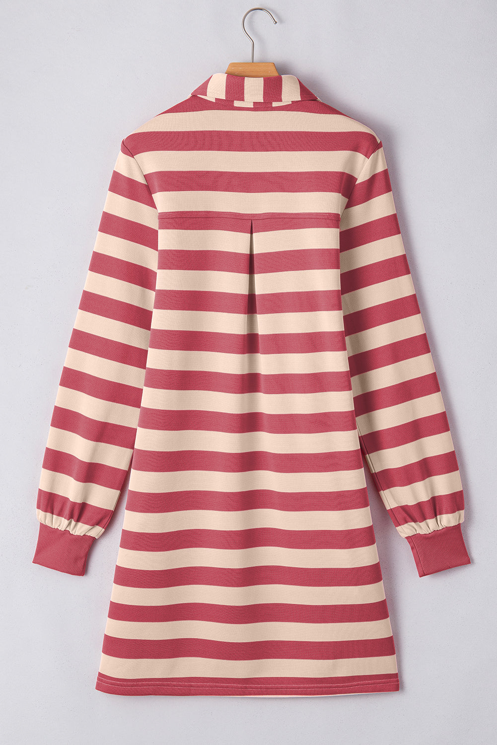 Pink Stripe Collared V Neck Long Sleeve Loose Casual Dress Mini Dresses JT's Designer Fashion