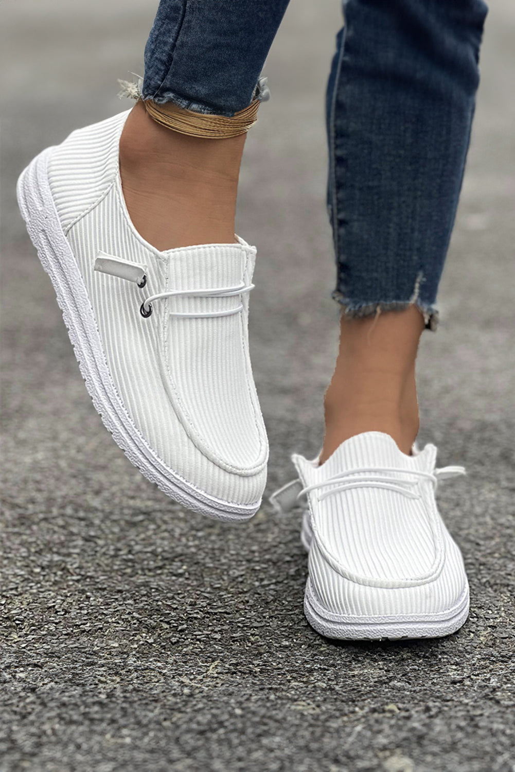 White Ribbed Lace-up Decor Slip On Shoes Women's Shoes JT's Designer Fashion