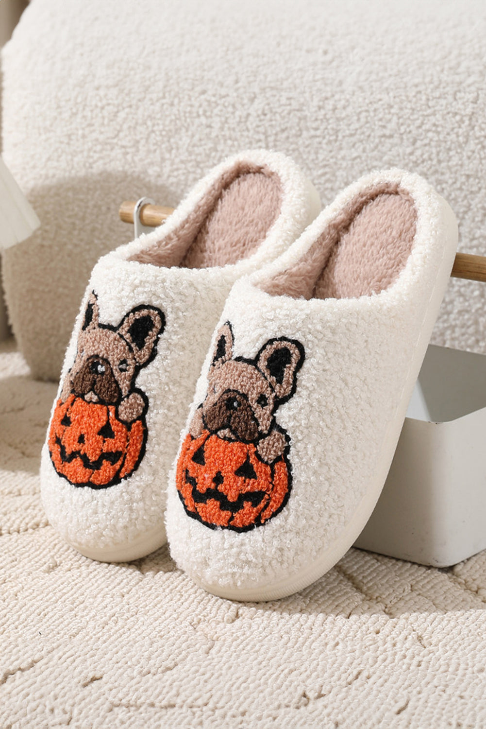 White Halloween Dog Pumpkin Pattern Fuzzy Slippers Slippers JT's Designer Fashion