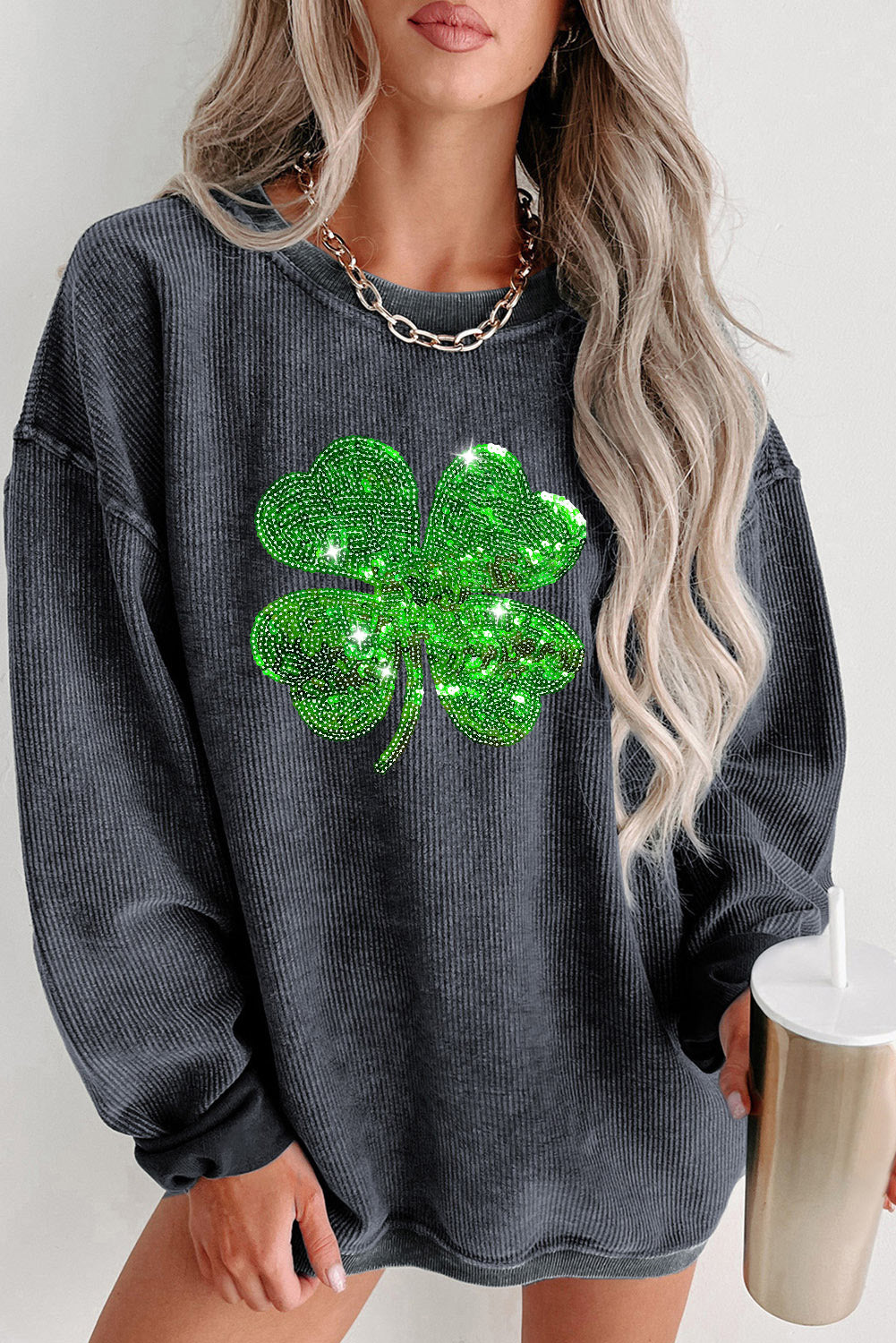 Gray Sequin St Patrick Clover Patch Corded Sweatshirt Gray 100%Polyester Graphic Sweatshirts JT's Designer Fashion