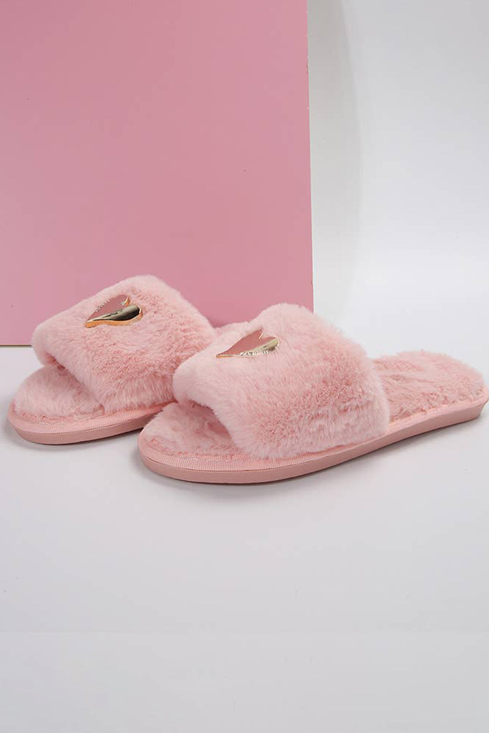 Pink Heart Shape Buckle Decor Open Toe Plush Slippers Slippers JT's Designer Fashion