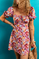 Red Floral Puff Sleeve Square Neck Knot Open Back Mini Dress Floral Dresses JT's Designer Fashion
