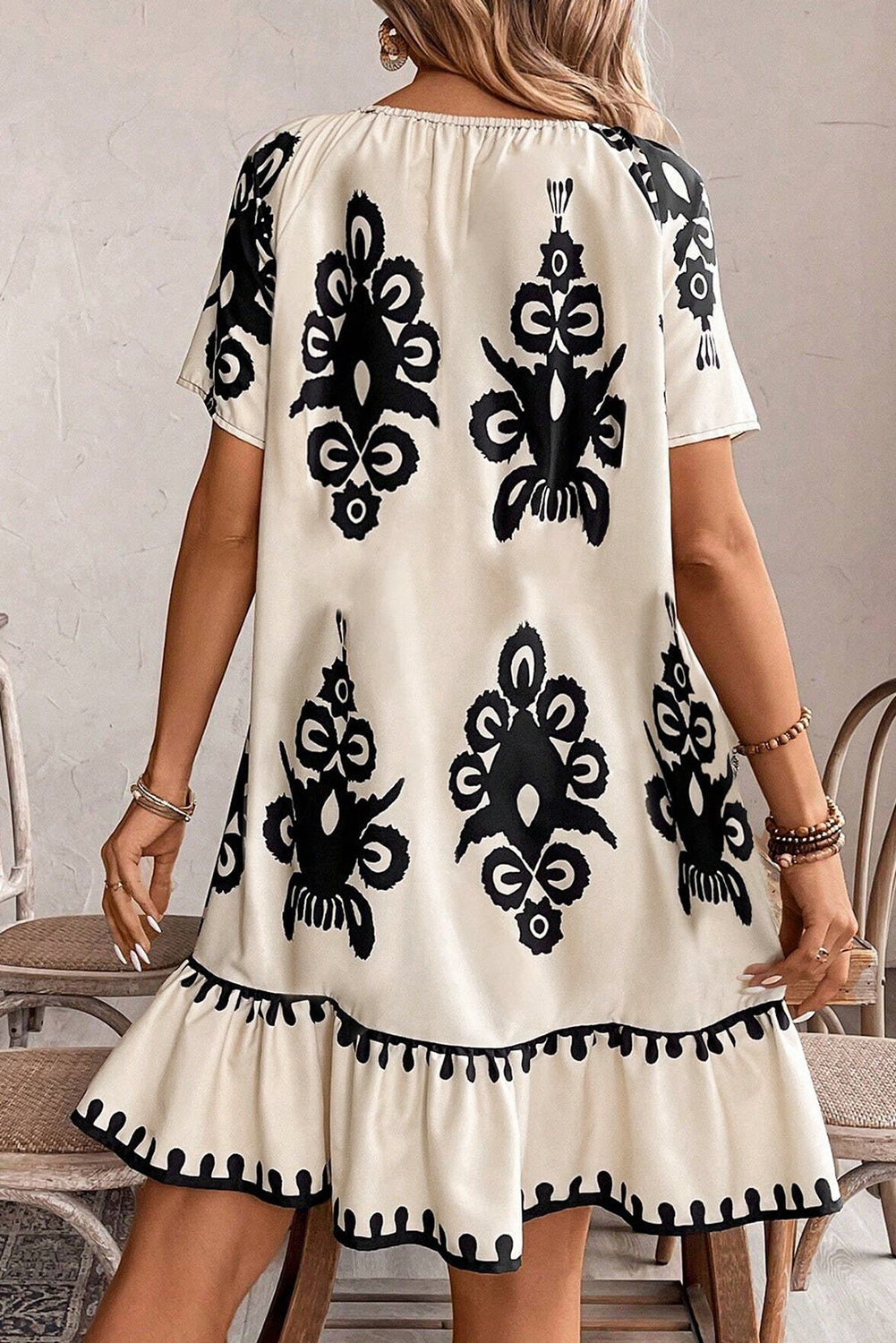 Apricot Western Print Ruffled Short Sleeve Loose Dress Mini Dresses JT's Designer Fashion