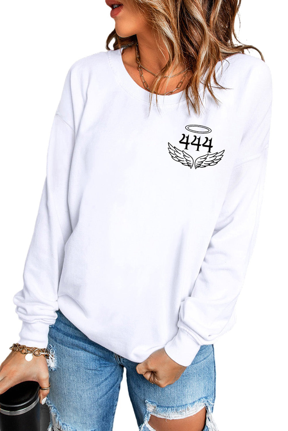 White Angel 444 Graphic Print Crewneck Pullover Sweatshirt Graphic Sweatshirts JT's Designer Fashion