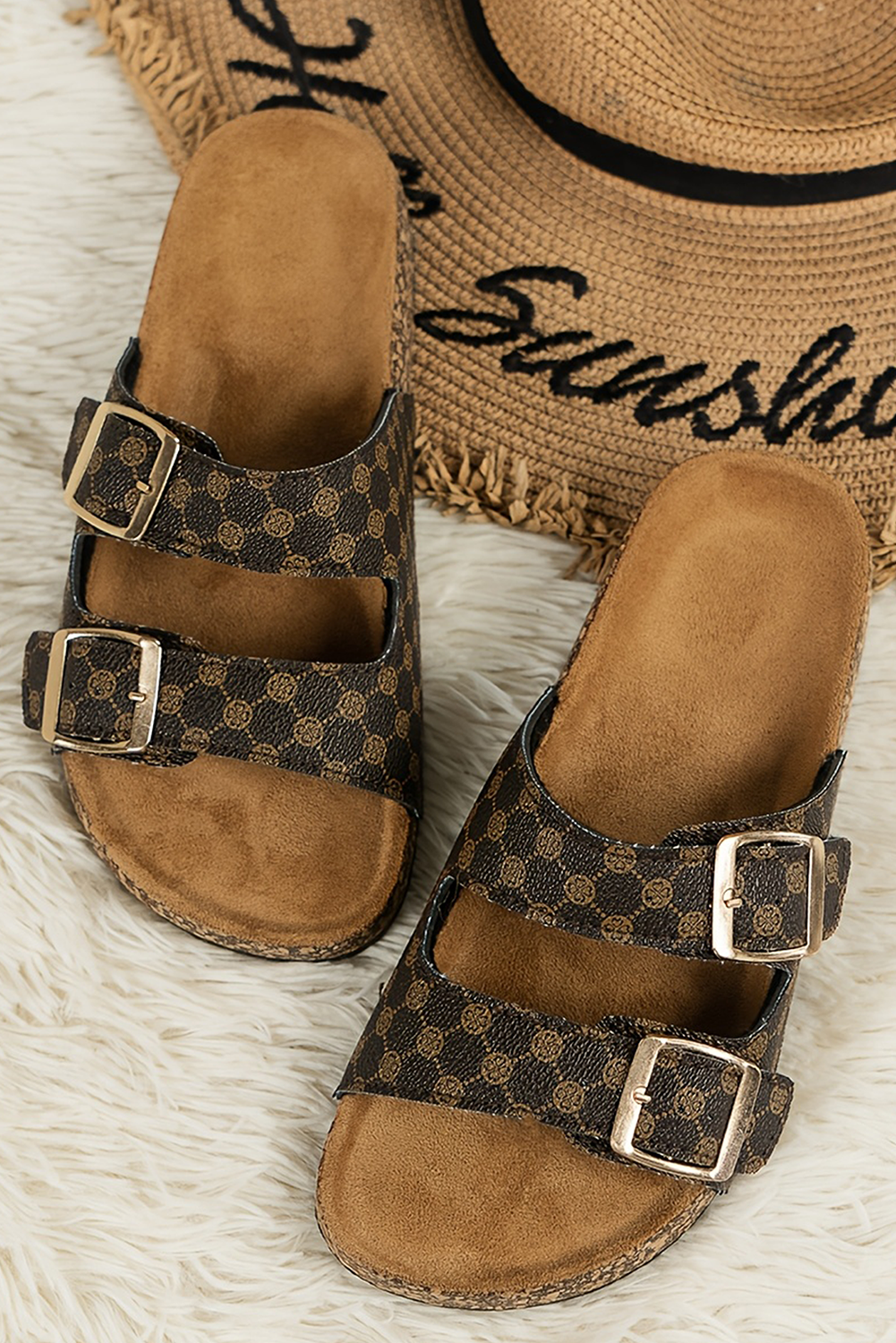Coffee Geometric Print Cut Out Buckle Leather Flat Slippers Slippers JT's Designer Fashion
