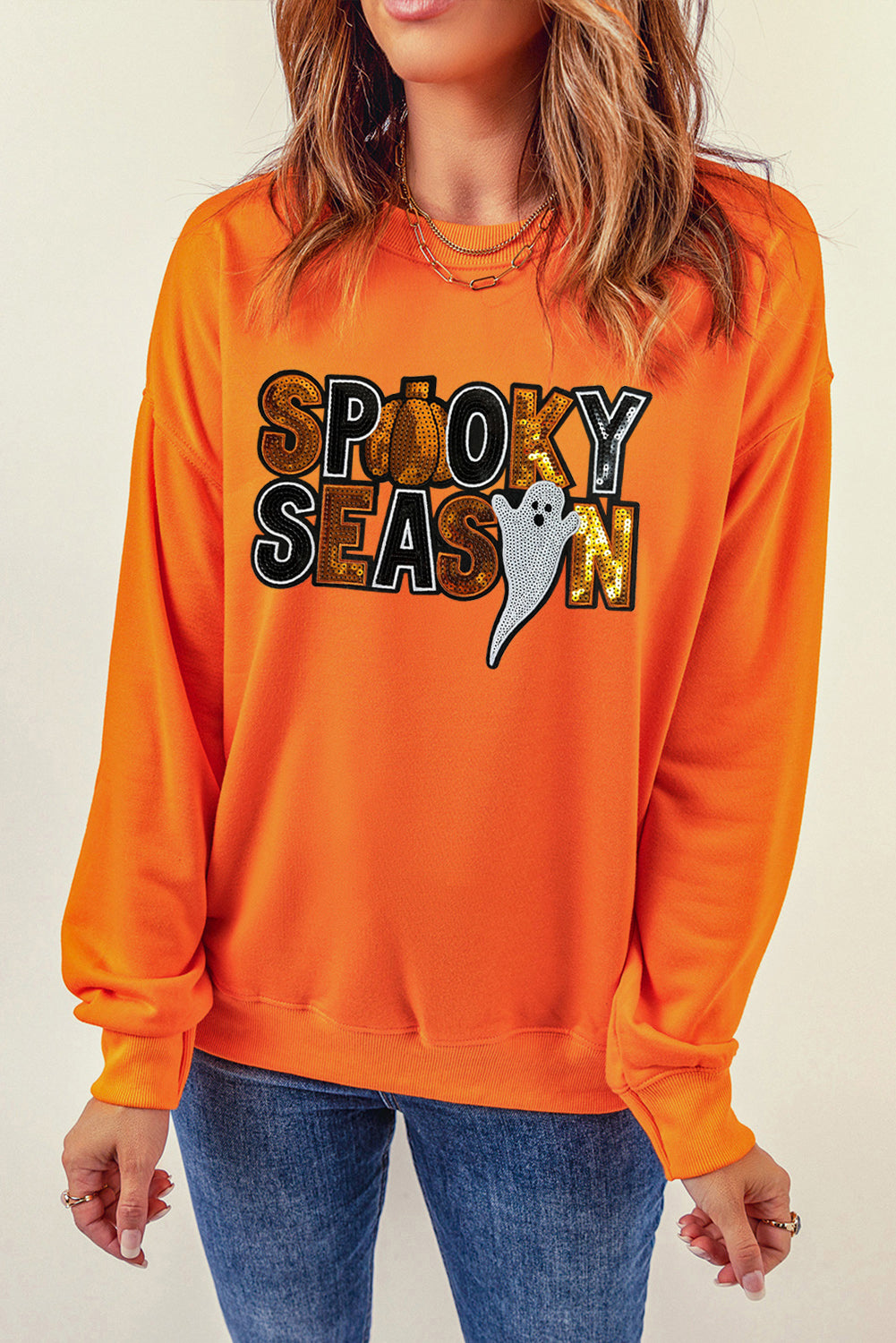 Russet Orange Sequin SPOOKY SEASON Ghost Pattern Halloween Pullover Sweatshirt Graphic Sweatshirts JT's Designer Fashion