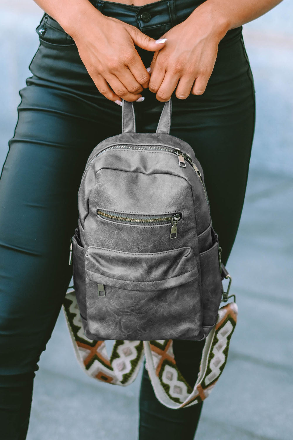 Gray Double Zipper Faux Leather Backpack Backpacks JT's Designer Fashion