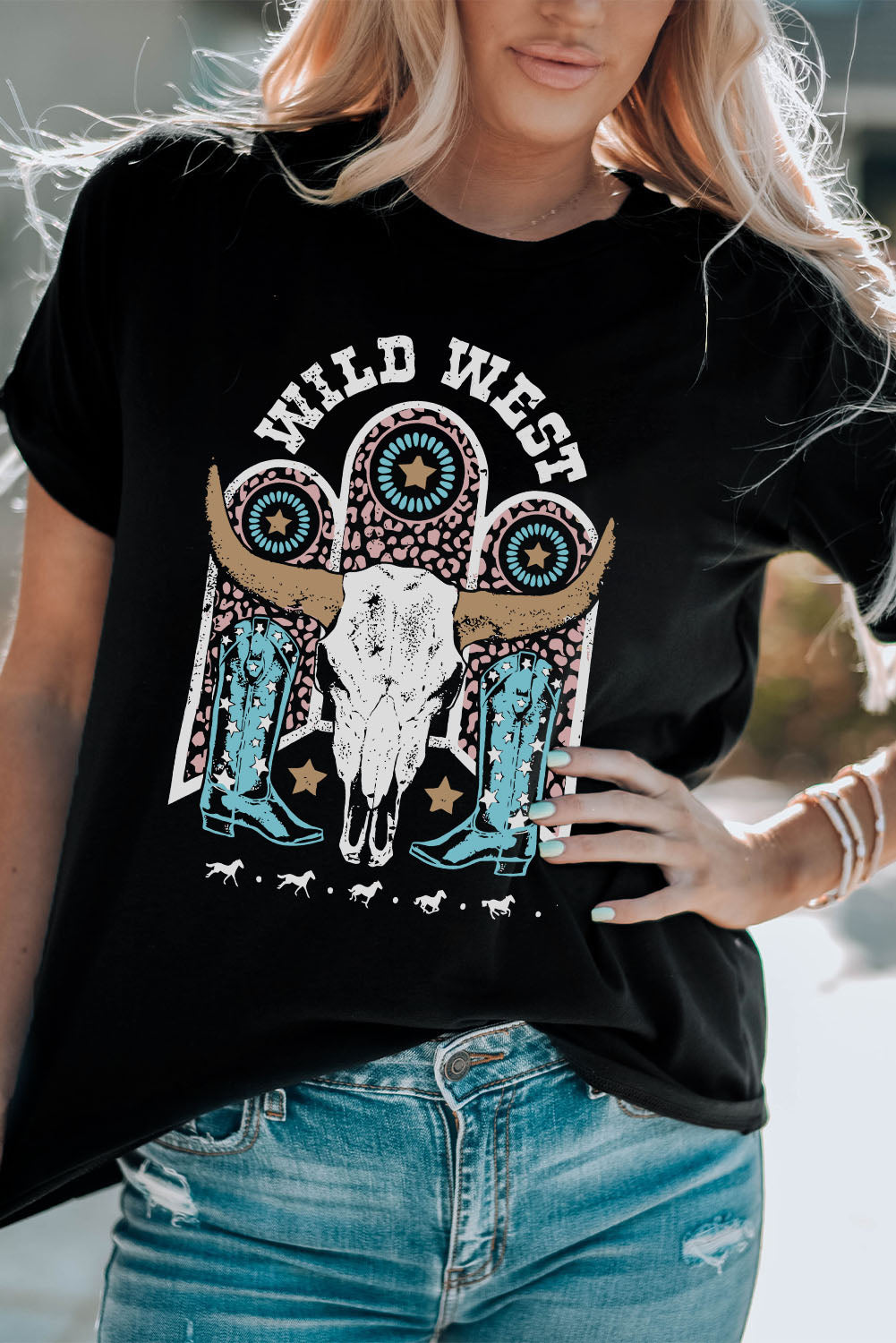 Black WILD WEST Steer Skull Graphic T Shirt Graphic Tees JT's Designer Fashion