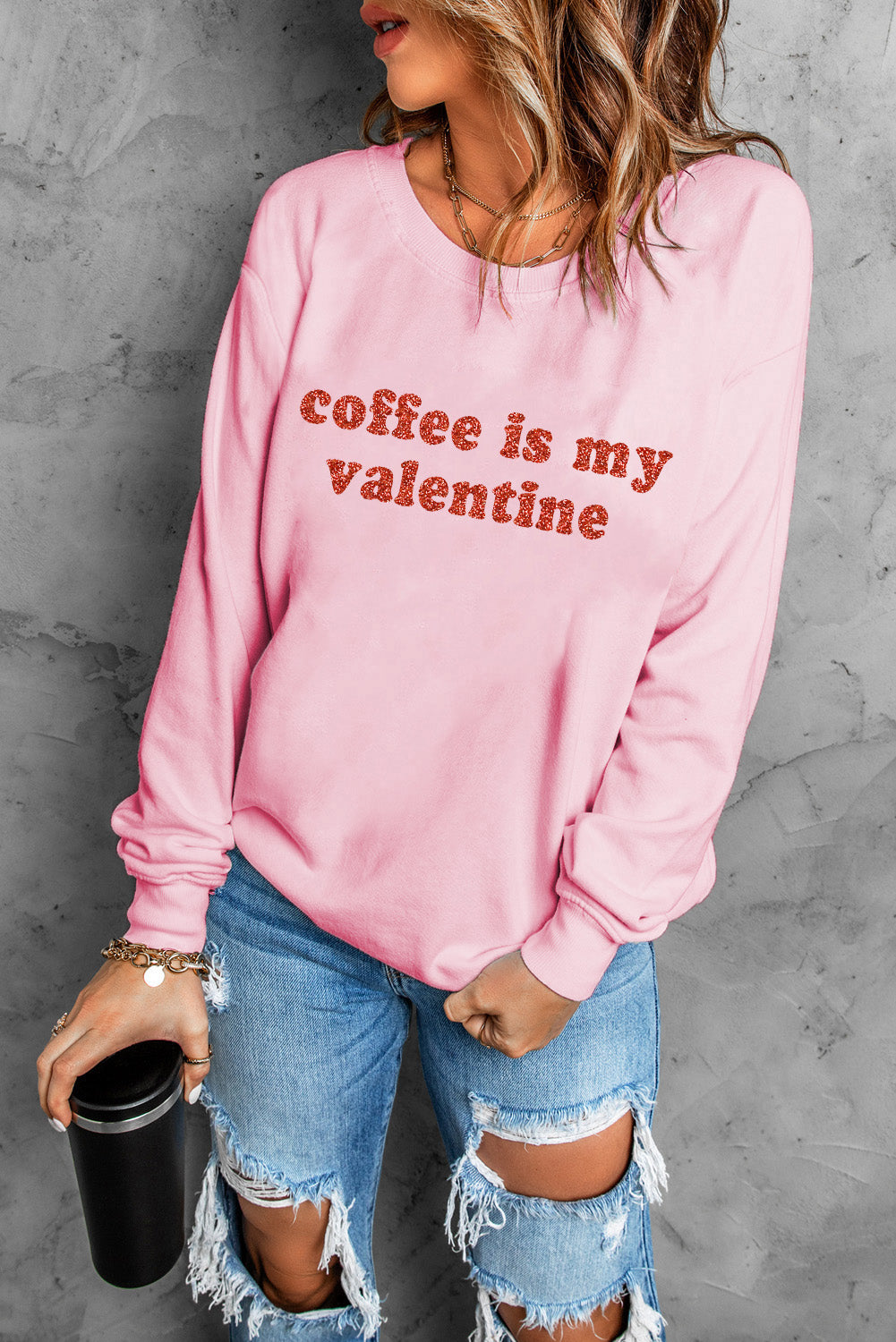 Pink Sequined Coffee is my Valentine Graphic Pullover Sweatshirt Graphic Sweatshirts JT's Designer Fashion