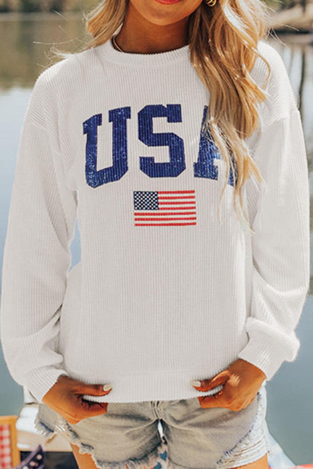 US Flag Corded Long Sleeve Sweatshirt Long Sleeve Tops JT's Designer Fashion