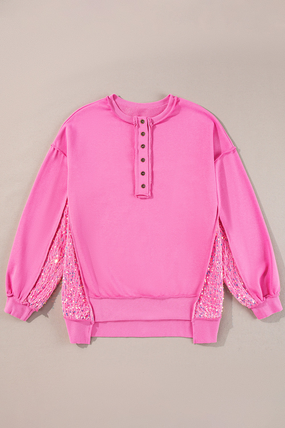 Bonbon Sequin Patchwork High Low Hem Henley Sweatshirt Sweatshirts & Hoodies JT's Designer Fashion
