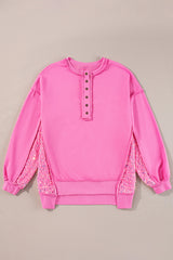 Bonbon Sequin Patchwork High Low Hem Henley Sweatshirt Sweatshirts & Hoodies JT's Designer Fashion