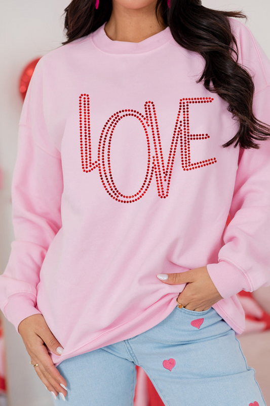 Pink LOVE Graphic Drop Shoulder Valentines Pullover Sweatshirt Pink 50%Polyester+50%Cotton Graphic Sweatshirts JT's Designer Fashion