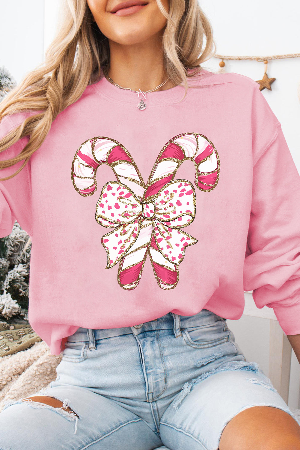 Pink Christmas Bow Candy Cane Graphic Drop Shoulder Crew Neck Sweatshirt Graphic Sweatshirts JT's Designer Fashion