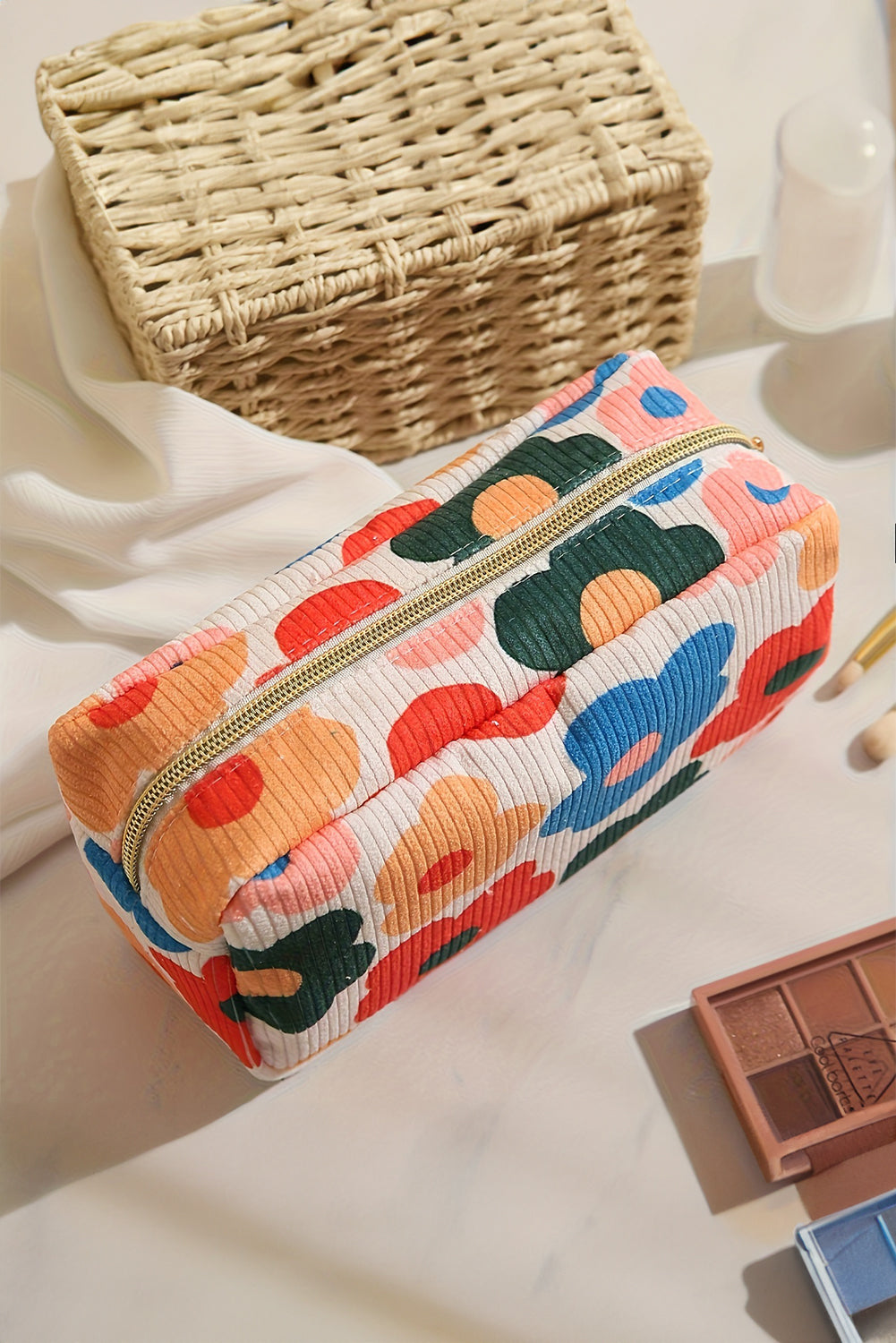 White Flower Print Zipper Square Corduroy Cosmetic Bag Makeup Bags JT's Designer Fashion