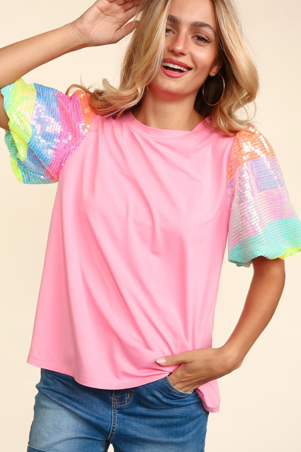 Pink Sequin Colorblock Striped Puff Sleeve Top Tops & Tees JT's Designer Fashion