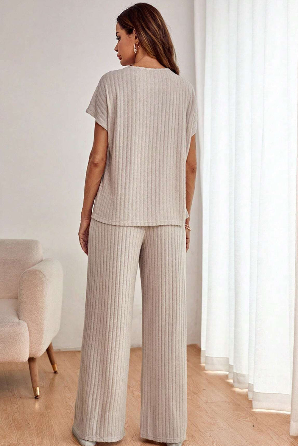 Smoke Gray Ribbed Knit Dolman Tee and Wide Leg Pants Set Pre Order Bottoms JT's Designer Fashion