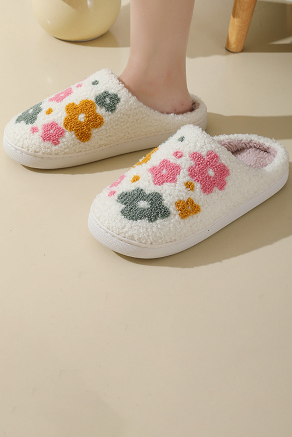 White Flower Pattern Slip On Plush Home Slippers Slippers JT's Designer Fashion