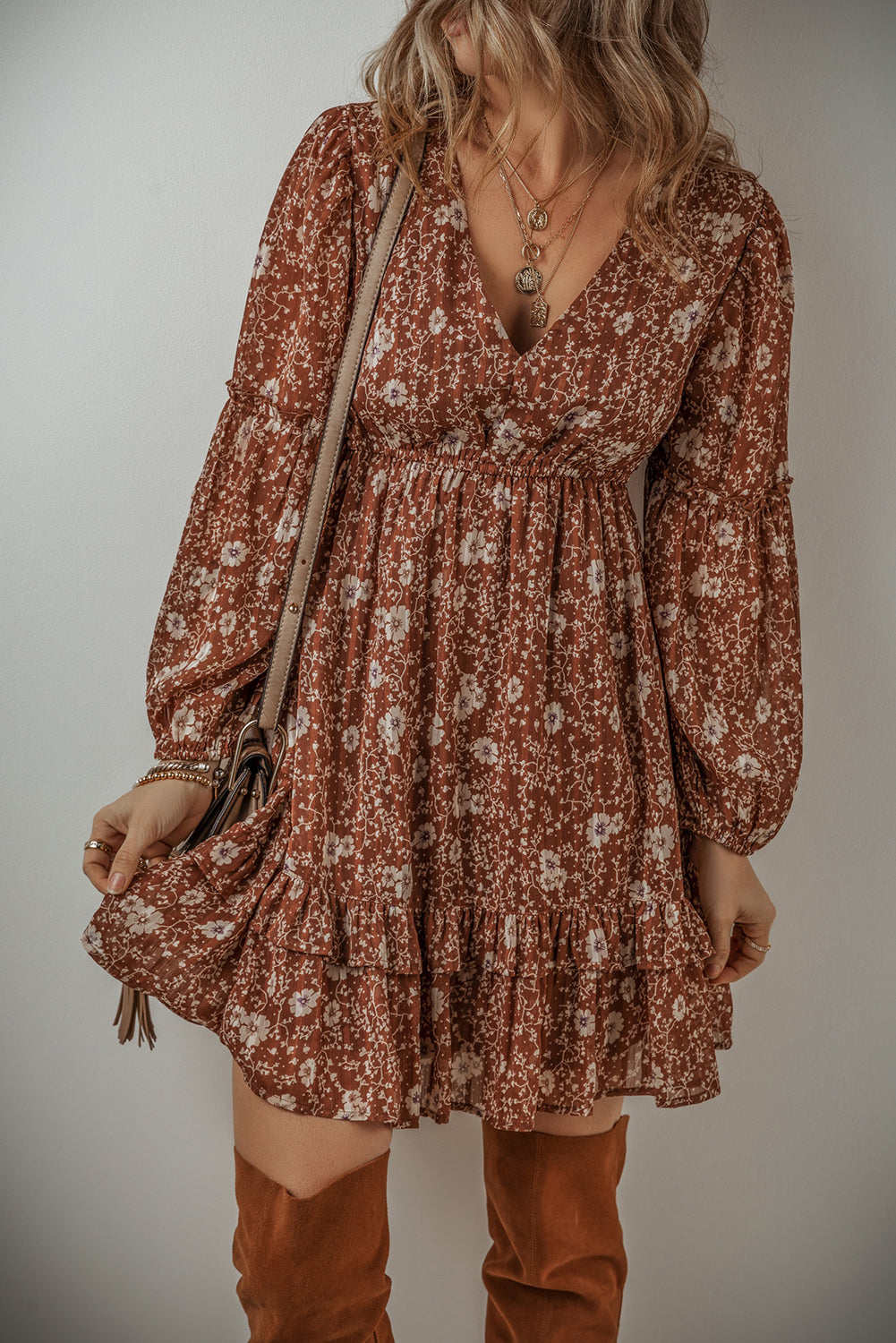 Brown Boho Floral Ruffled Puff Sleeve V Neck Mini Dress Floral Dresses JT's Designer Fashion