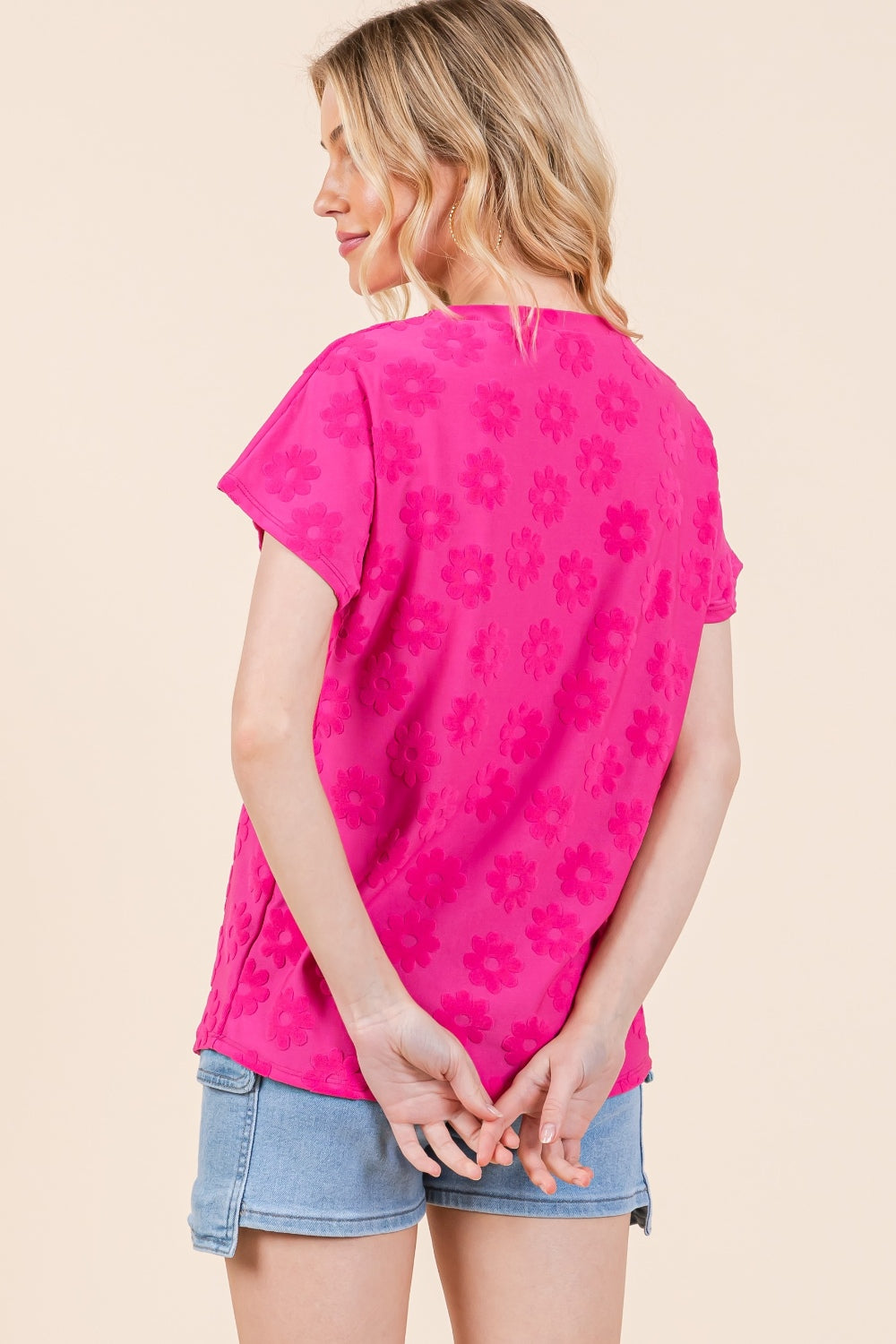 BOMBOM Textured Floral Pattern Short Sleeve T-Shirt Blouses & Shirts JT's Designer Fashion