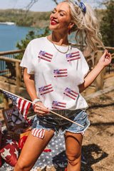 White Sequin Bow American Flag Patched T Shirt Graphic Tees JT's Designer Fashion