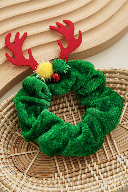 Dark Green Christmas Elk Horn Small Bell Hair Scrunchie Headwear JT's Designer Fashion